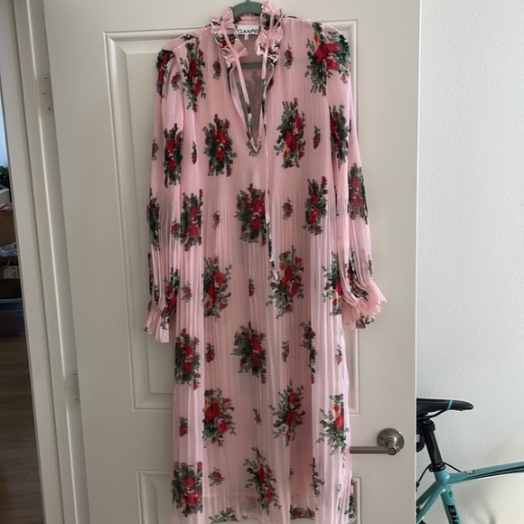 Ganni Dresses & Skirts - Ganni Pleated Midi/Maxi Dress. Pink, Green & Red. High Victorian Tie Neckline.